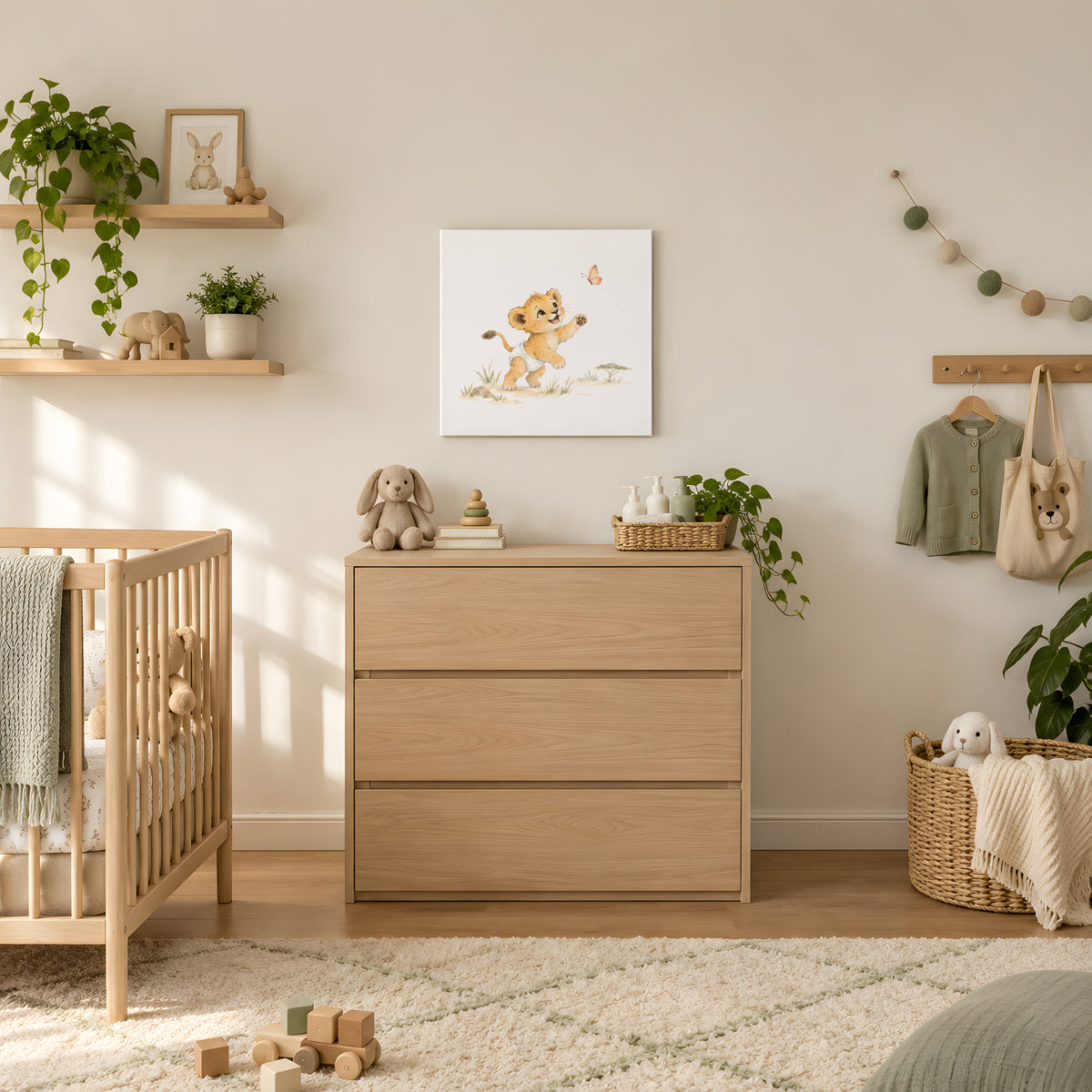 Lionceau en couche blanche tend les pattes vers un papillon : toile sur châssis, 60 × 60 cm, en situation