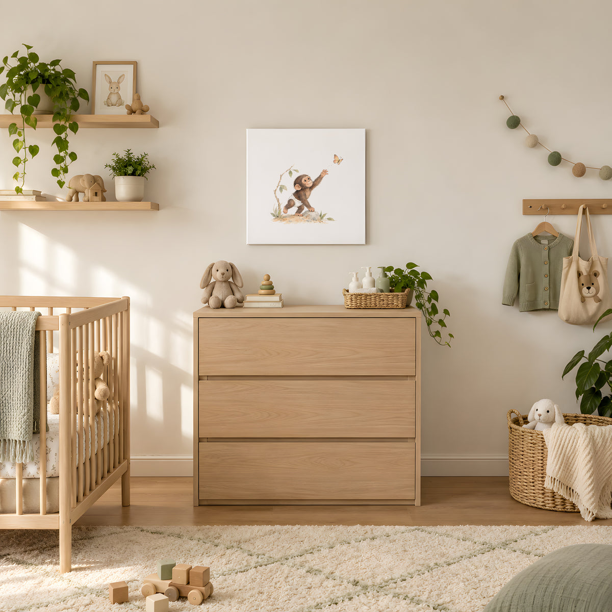 Bébé chimpanzé en couche blanche joue à attraper un papillon : toile sur châssis, 60 × 60 cm, en situation
