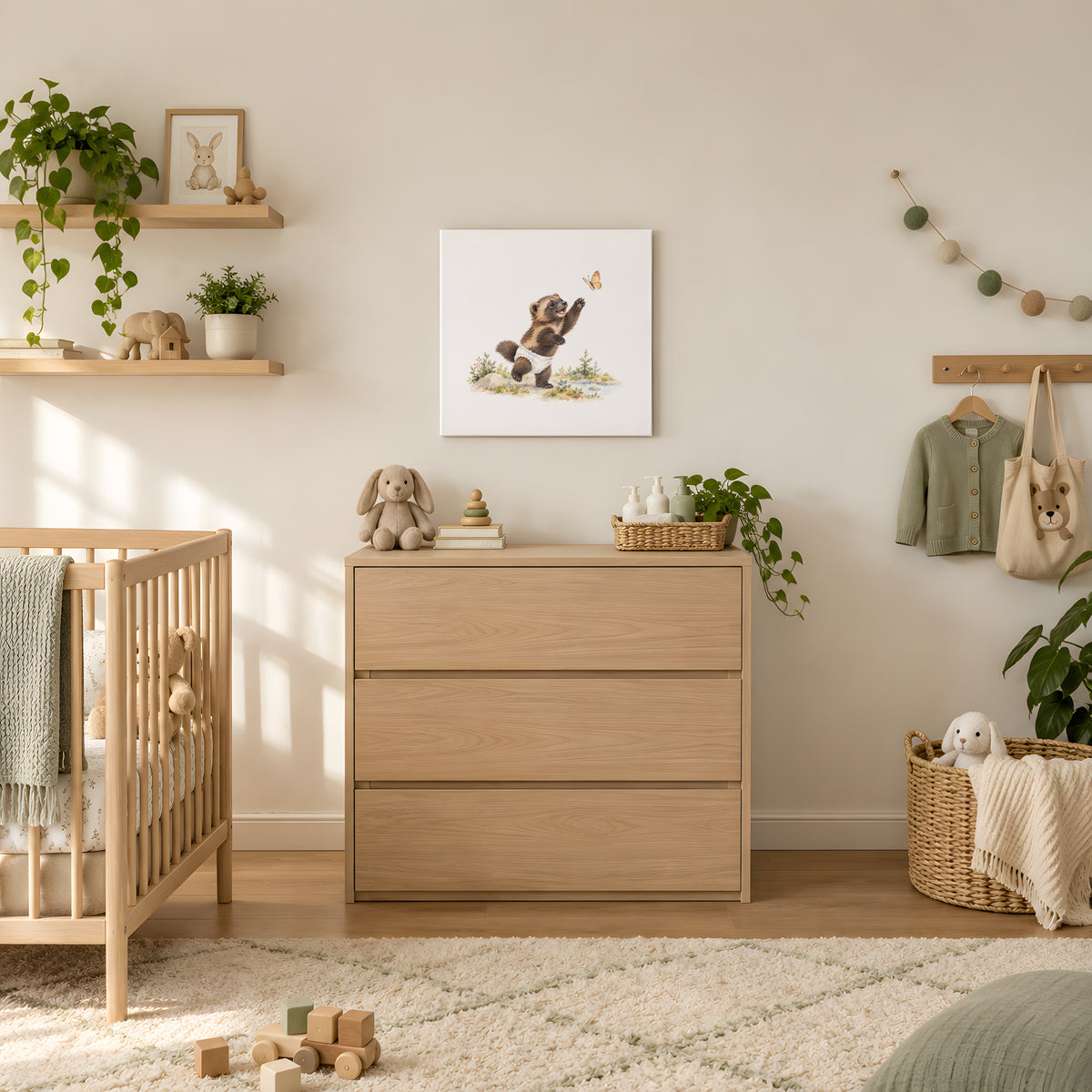 Chambre de bébé naturelle, affiche petit glouton au-dessus d'une commode en bois clair et d'étagères fleuries