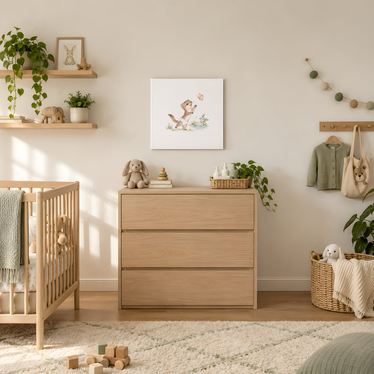 Baby Weasel in a White Diaper Reaching for a Butterfly: stretched canvas, 60 × 60 cm, styled in a room