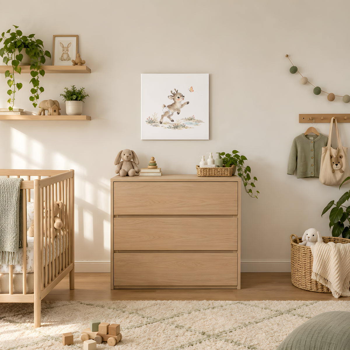 Baby Reindeer Tries to Catch a Butterfly Among the Grasses: stretched canvas, 60 × 60 cm, styled in a room