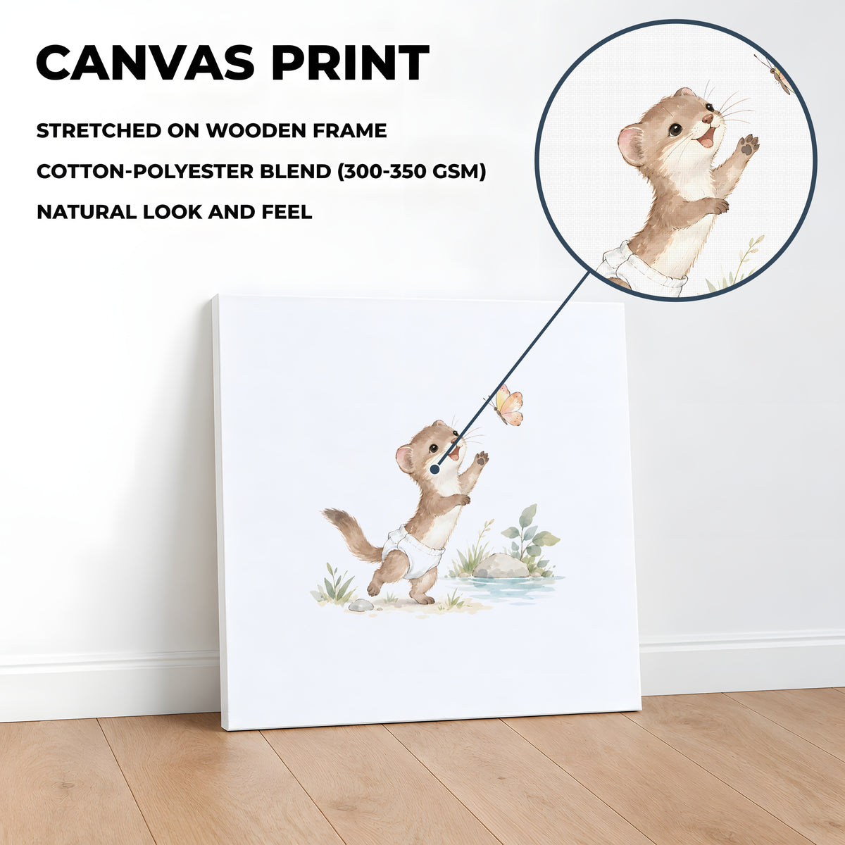 Baby Weasel in a White Diaper Reaching for a Butterfly: stretched canvas, 40 × 40 cm, styled in a room