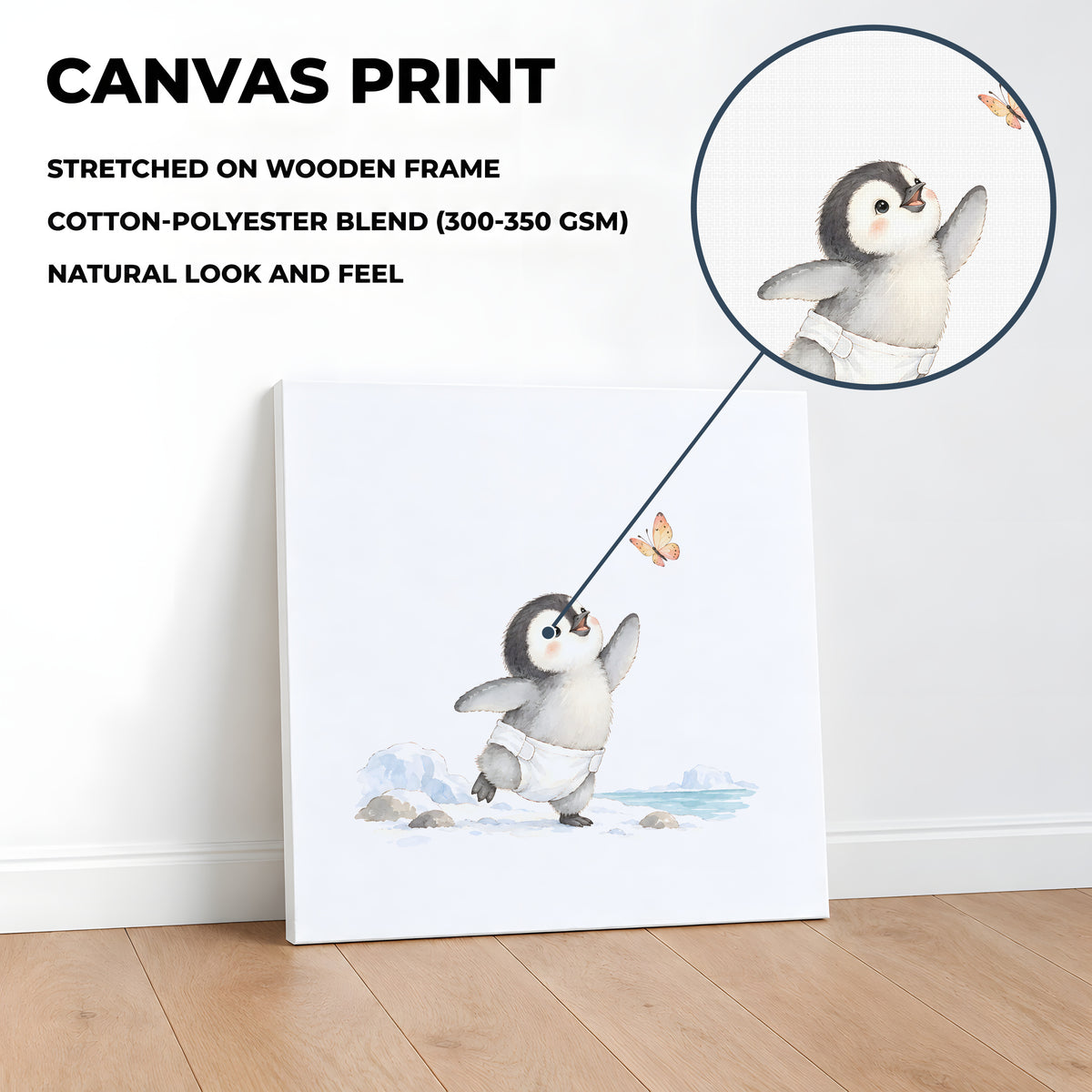 Bébé manchot en couche blanche cherche à attraper un papillon : toile sur châssis, 40 × 40 cm, en situation