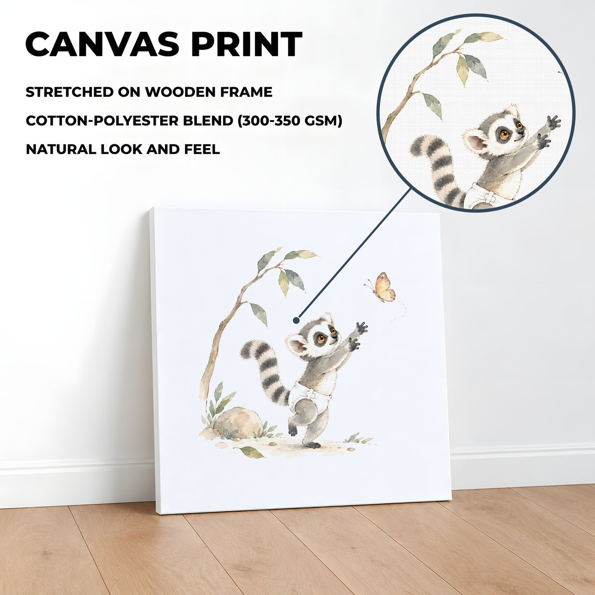 Bébé lémurien en couche blanche cherche à attraper un papillon : toile sur châssis, 40 × 40 cm, en situation