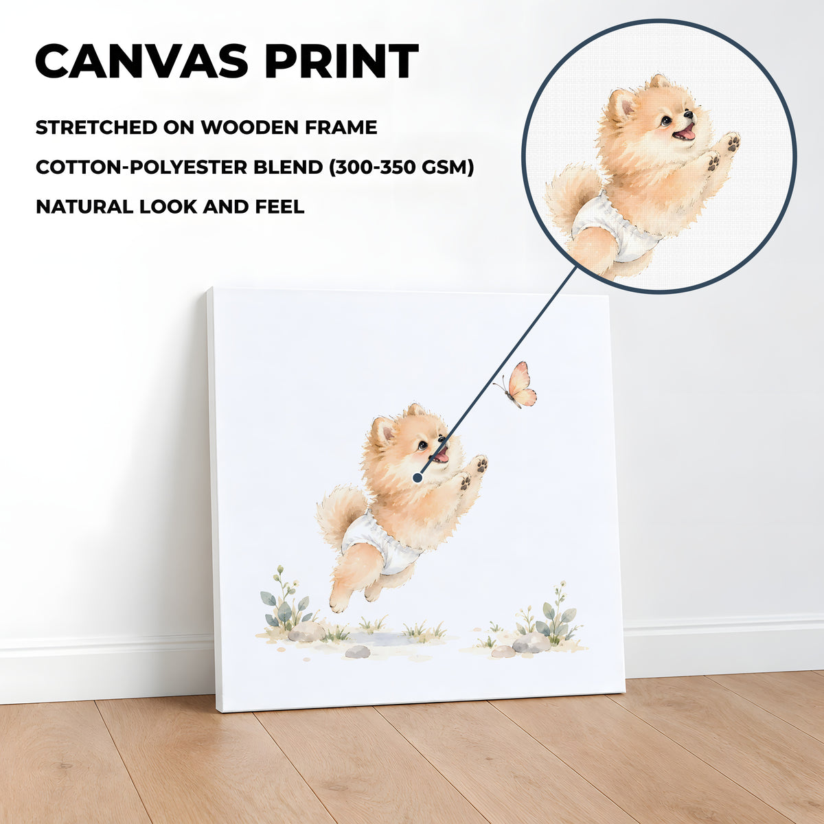 Bébé spitz nain en couche blanche essaie d’attraper un papillon : toile sur châssis, 40 × 40 cm, en situation