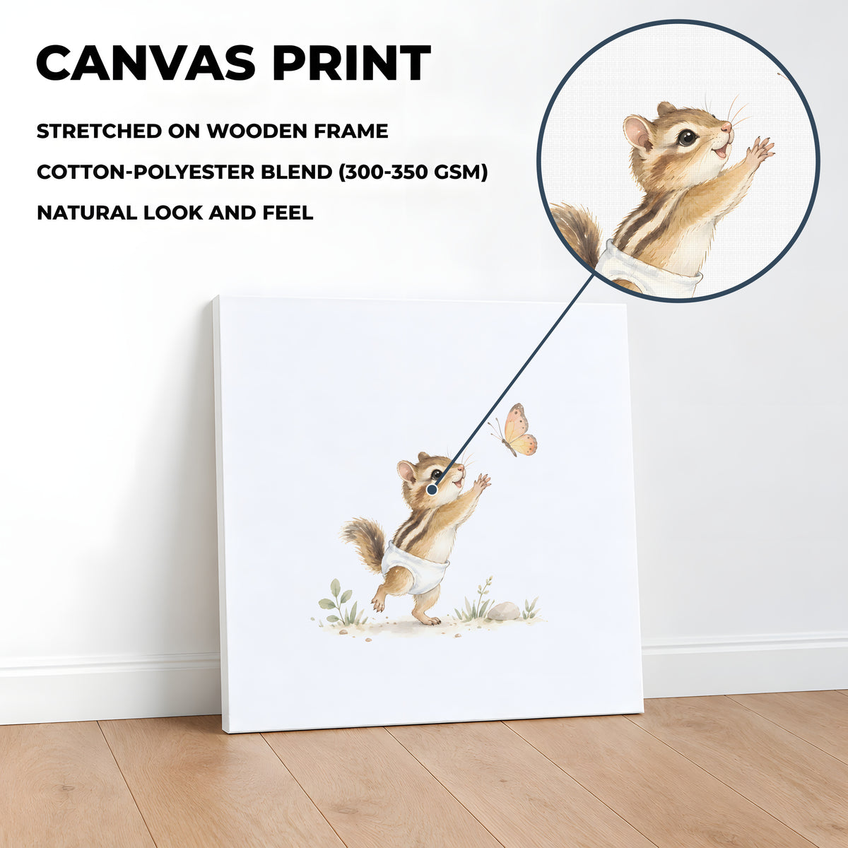 Bébé tamia en couche blanche cherche à attraper un papillon : toile sur châssis, 40 × 40 cm, en situation