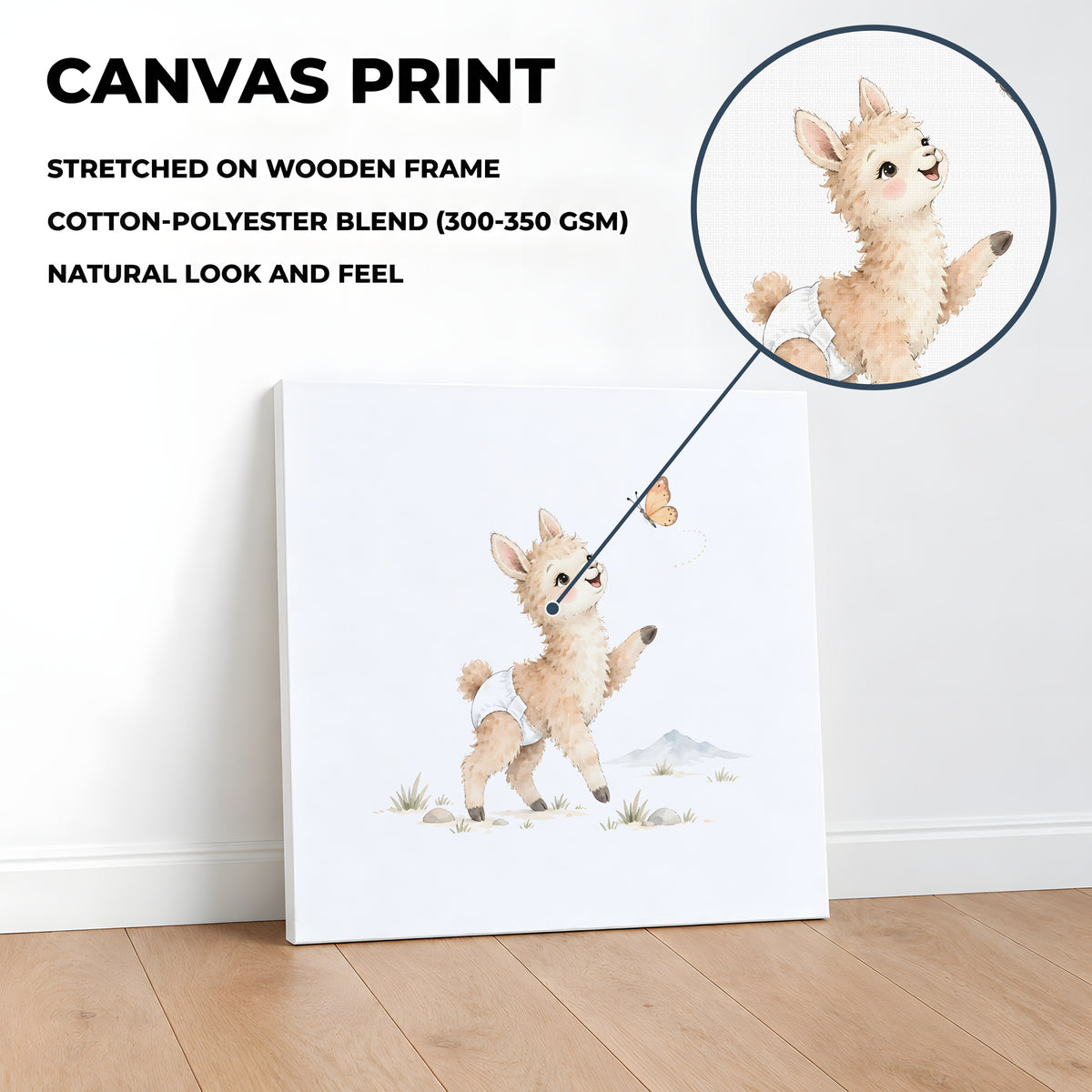 Baby Llama in a White Diaper Chases a Butterfly Through the Grass: stretched canvas, 40 × 40 cm, styled in a room