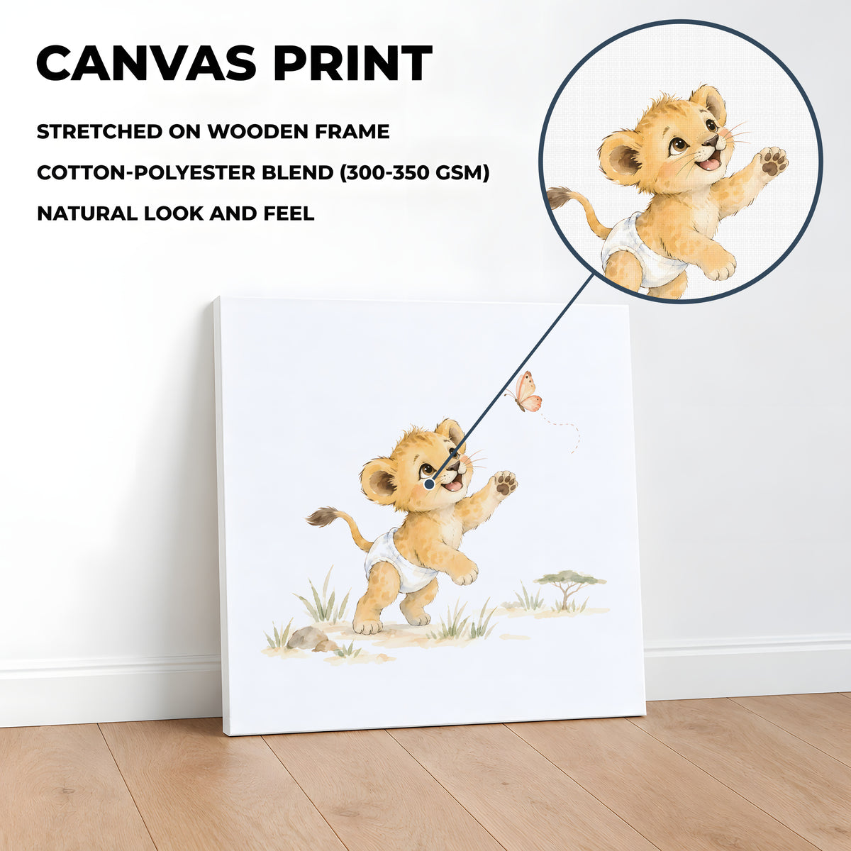 Lionceau en couche blanche tend les pattes vers un papillon : toile sur châssis, 40 × 40 cm, en situation