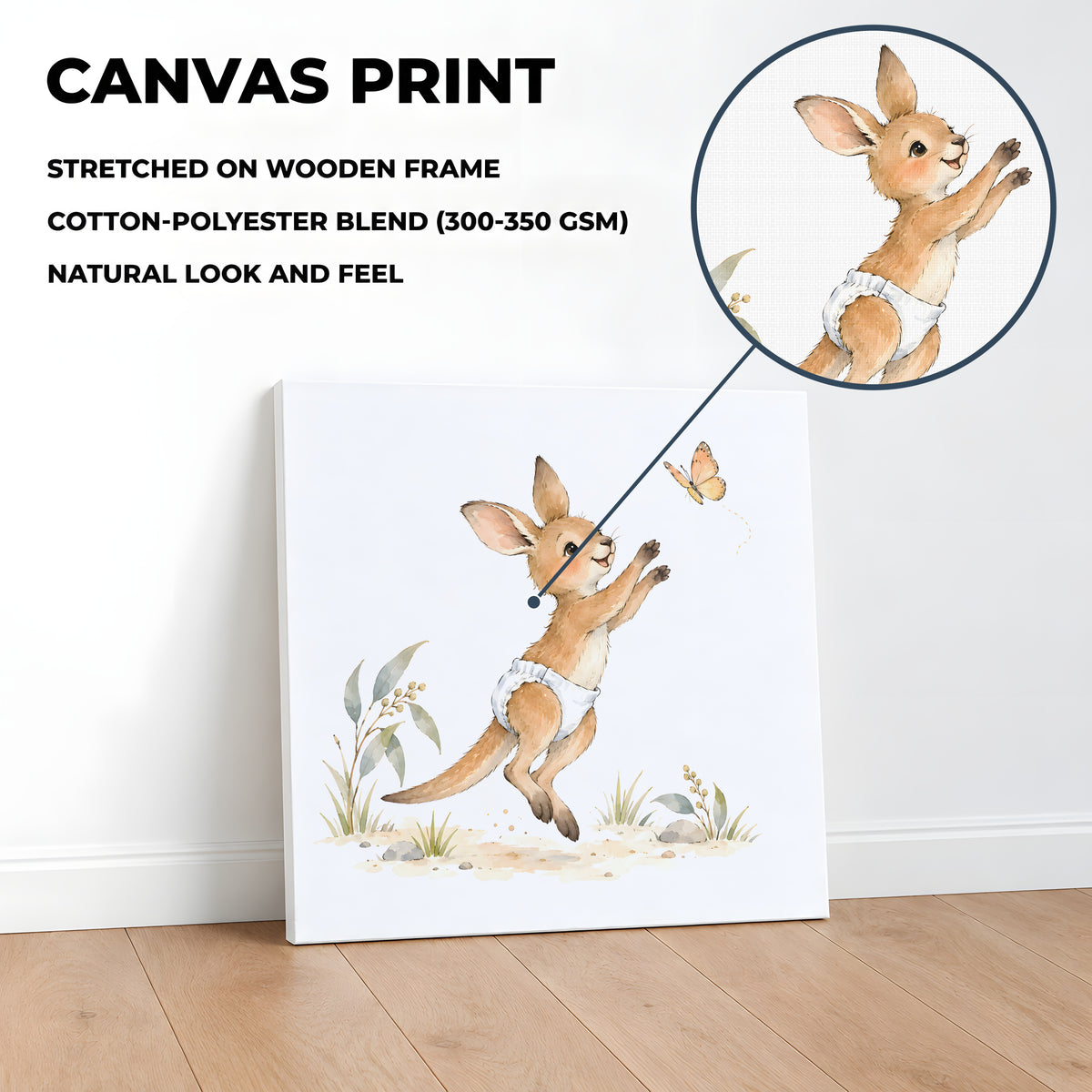Bébé kangourou en couche blanche suit un papillon entre les herbes : toile sur châssis, 40 × 40 cm, en situation