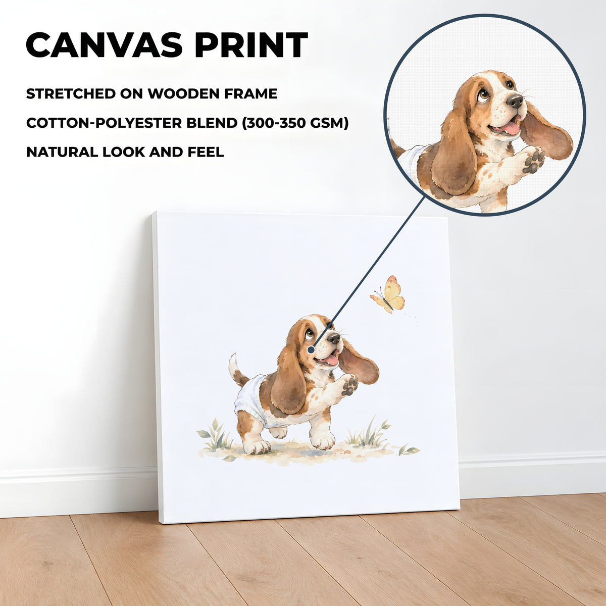 Bébé basset aux longues oreilles à la poursuite d’un papillon : toile sur châssis, 40 × 40 cm, en situation