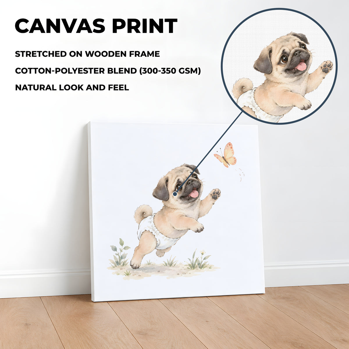 Bébé carlin en couche blanche essaie d’attraper un papillon : toile sur châssis, 40 × 40 cm, en situation