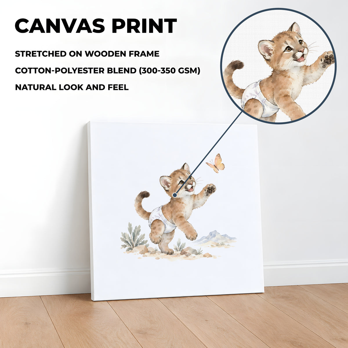 Baby Puma in a White Diaper Reaches for a Butterfly: stretched canvas, 40 × 40 cm, styled in a room