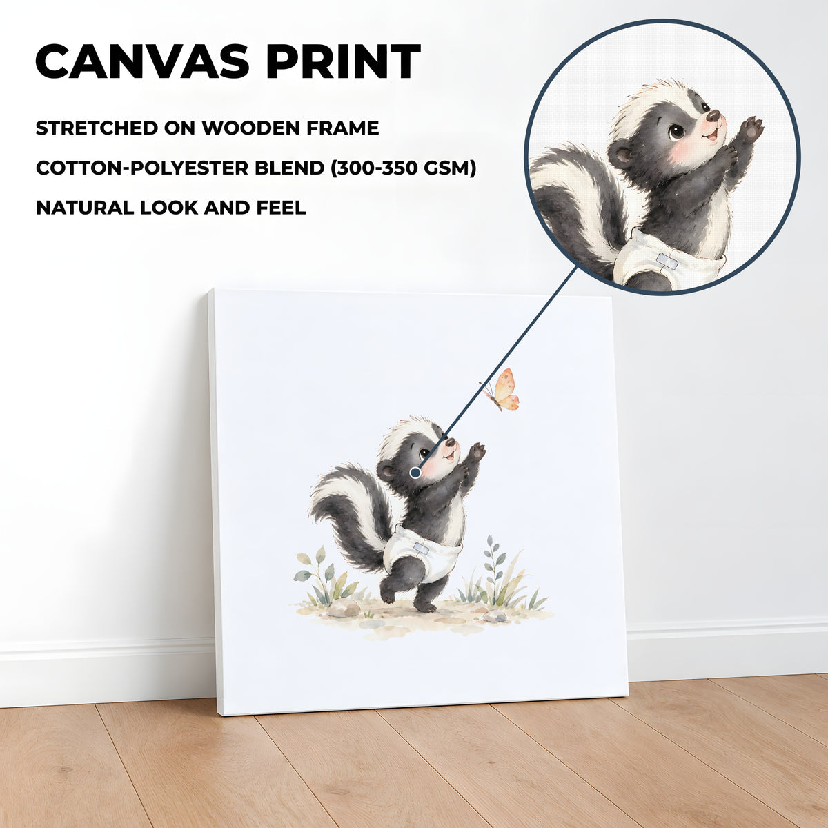 Bébé mouffette en couche blanche tend les pattes vers un papillon : toile sur châssis, 40 × 40 cm, en situation