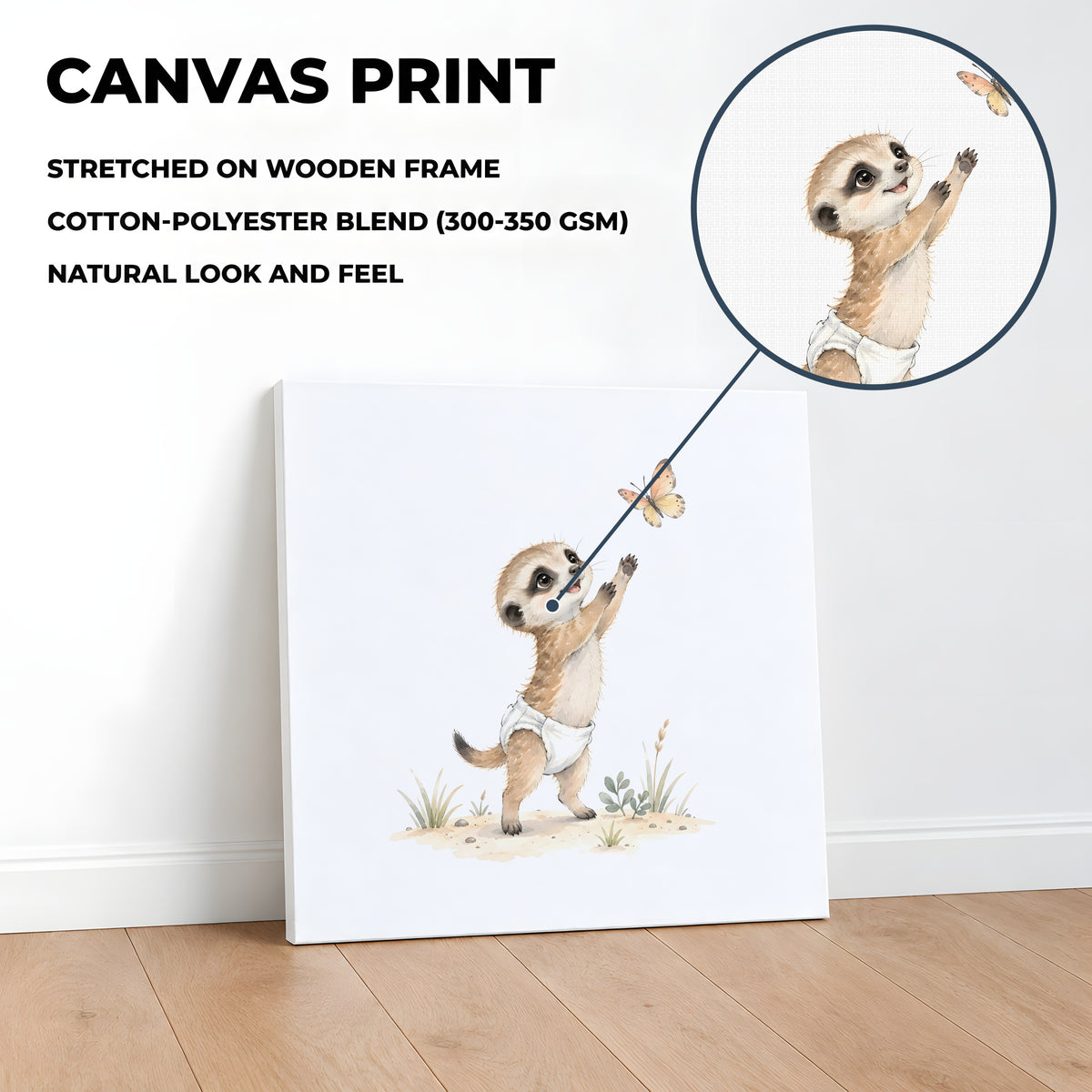 Petit suricate en couche blanche prêt à attraper un papillon : toile sur châssis, 40 × 40 cm, en situation