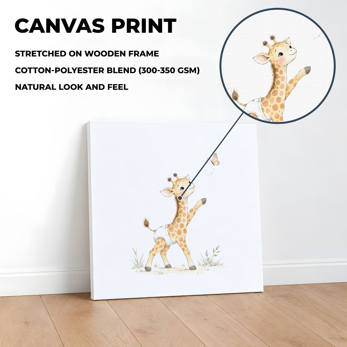 Bébé girafe en couche blanche à la poursuite d’un papillon : toile sur châssis, 40 × 40 cm, en situation