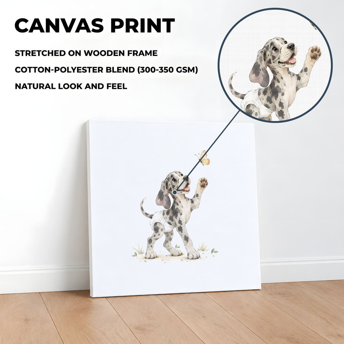 Bébé dogue allemand en couche blanche à la poursuite d’un papillon : toile sur châssis, 40 × 40 cm, en situation