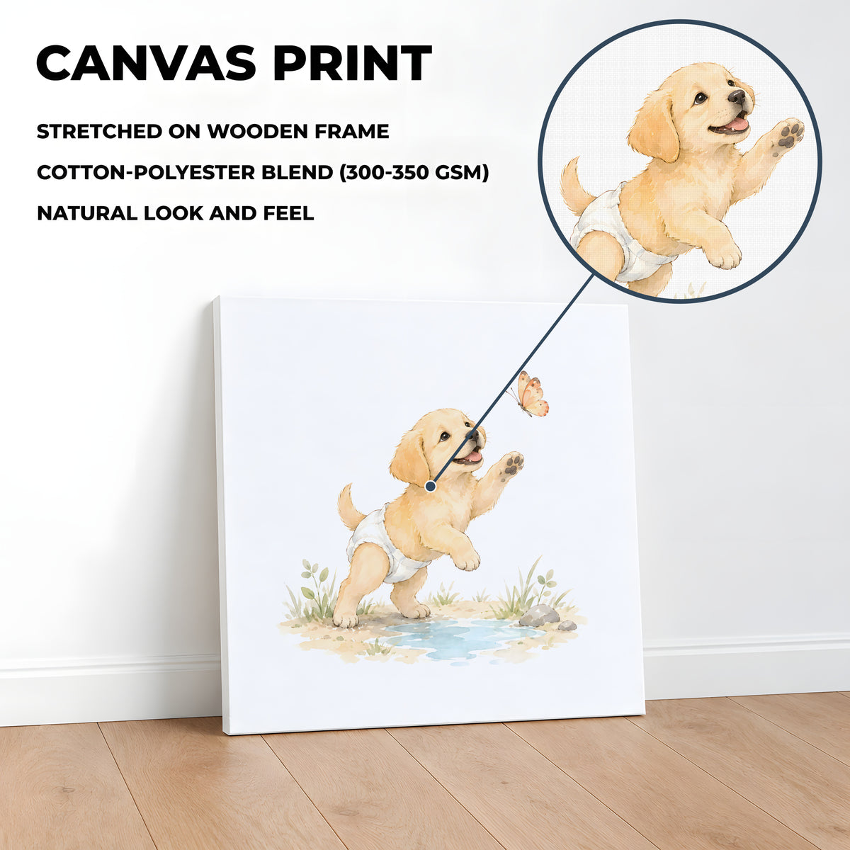 Chiot labrador jaune en couche blanche à la chasse au papillon : toile sur châssis, 40 × 40 cm, en situation