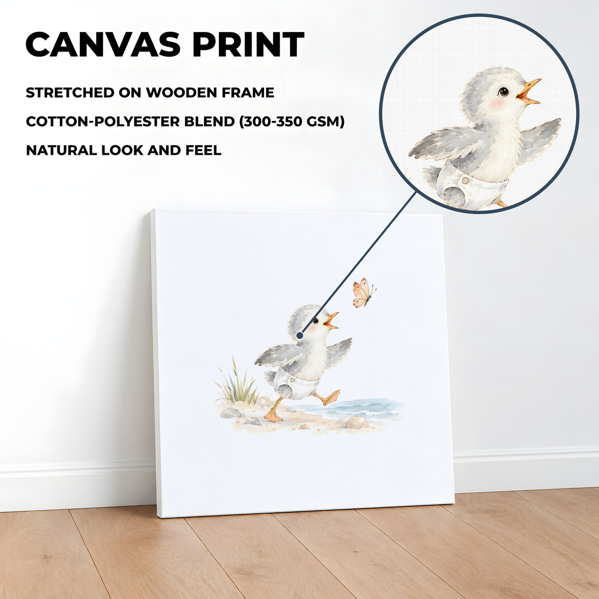 Bébé mouette en couche blanche à la poursuite d’un papillon : toile sur châssis, 40 × 40 cm, en situation