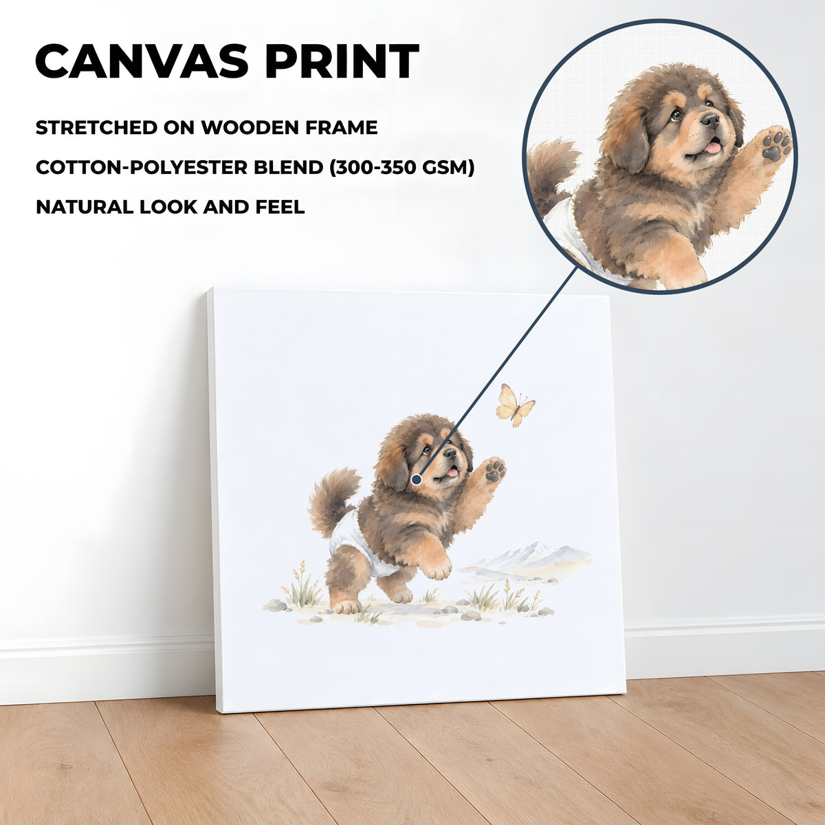 Bébé dogue du Tibet en couche blanche à la poursuite d’un papillon : toile sur châssis, 40 × 40 cm, en situation