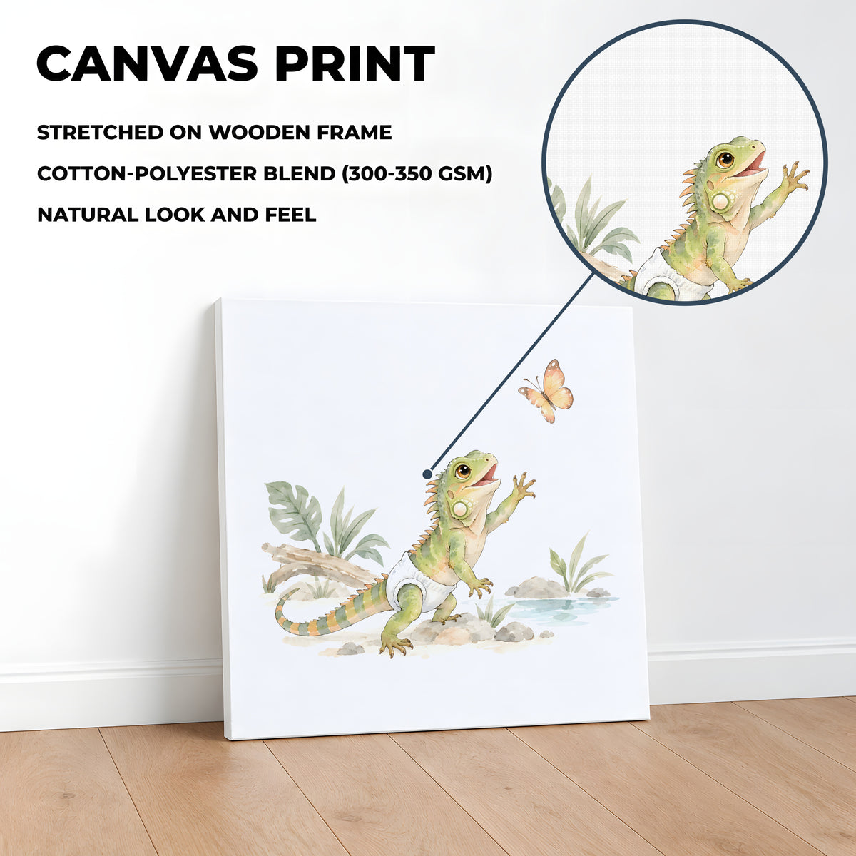 Baby Iguana in a White Diaper Reaches for a Butterfly Among the Leaves: stretched canvas, 40 × 40 cm, styled in a room