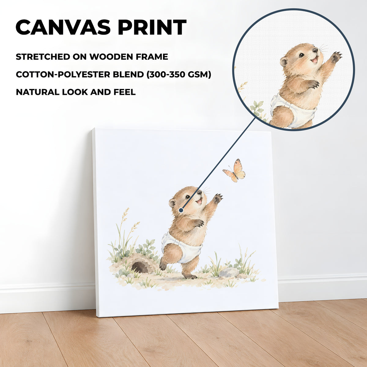 Bébé marmotte en couche blanche veut attraper le papillon : toile sur châssis, 40 × 40 cm, en situation