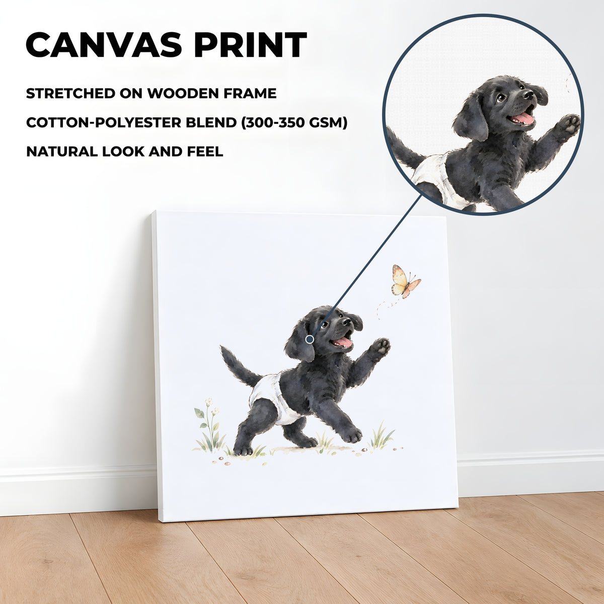 Chiot labrador noir en couche blanche court après un papillon : toile sur châssis, 40 × 40 cm, en situation