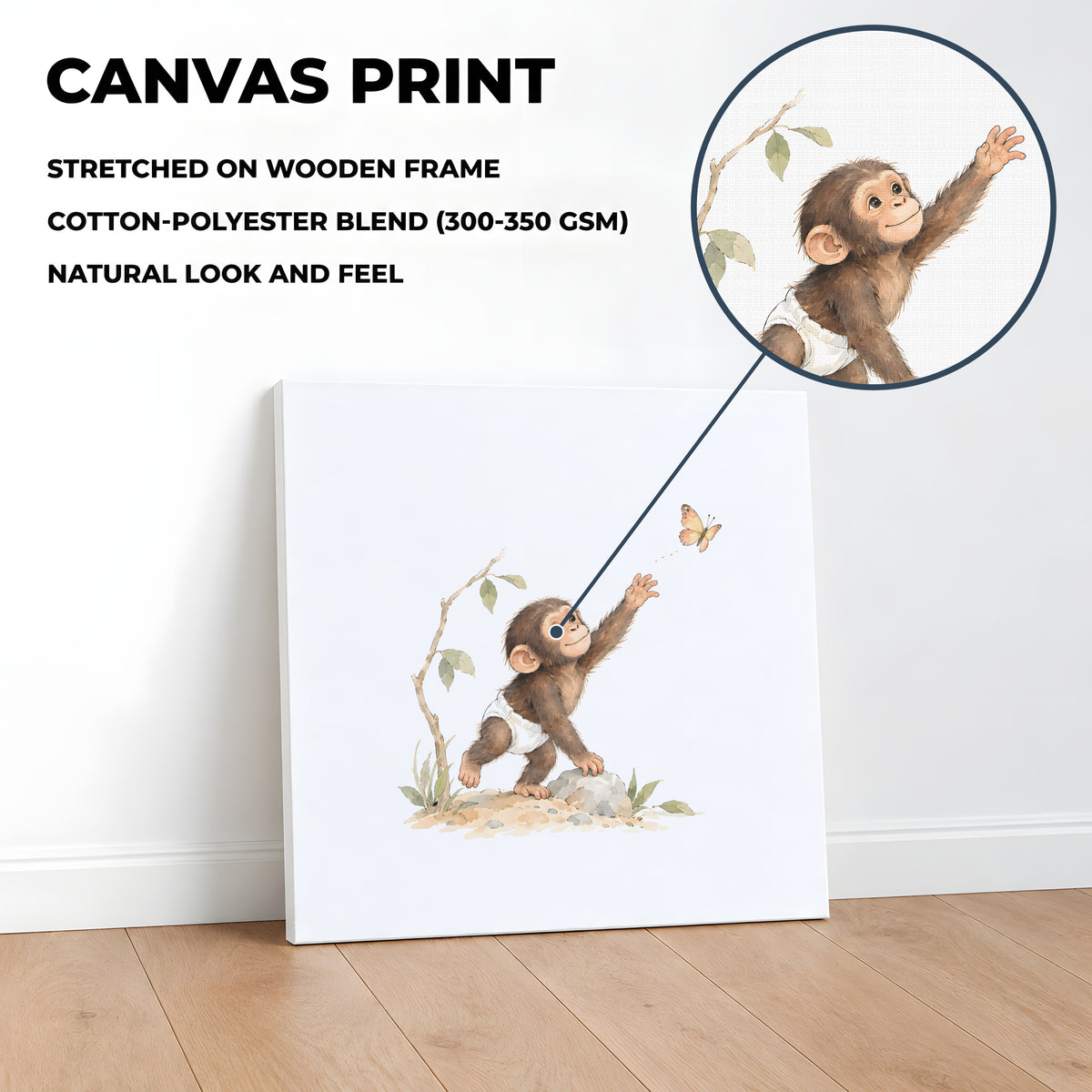 Bébé chimpanzé en couche blanche joue à attraper un papillon : toile sur châssis, 40 × 40 cm, en situation