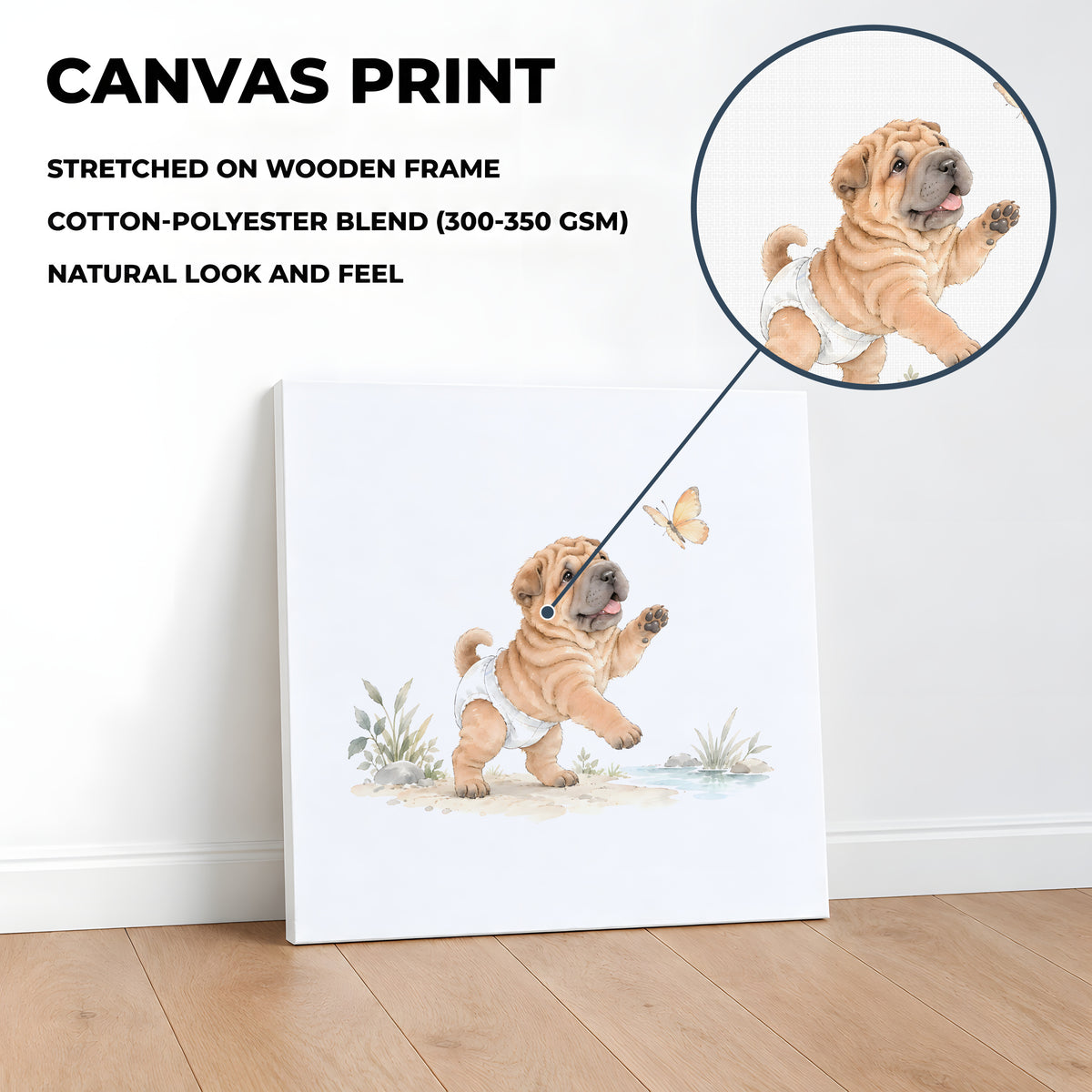 Bébé shar pei en couche blanche essaie d’attraper un papillon : toile sur châssis, 40 × 40 cm, en situation