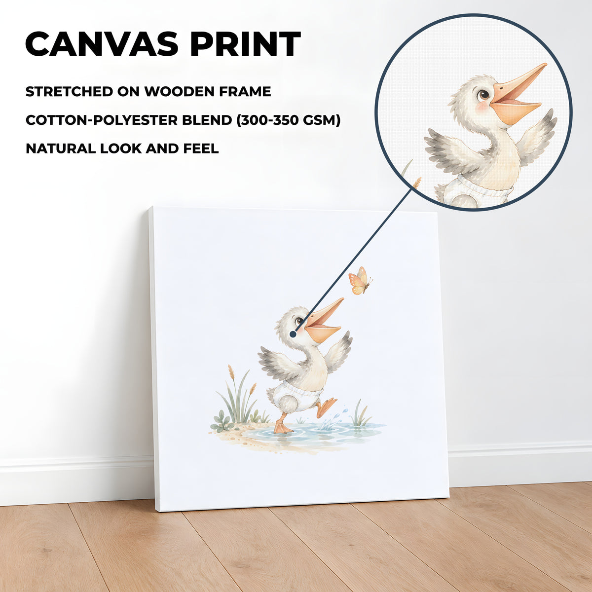 Bébé pélican en couche blanche tente d’attraper un papillon au bord de l’eau : toile sur châssis, 40 × 40 cm, en situation