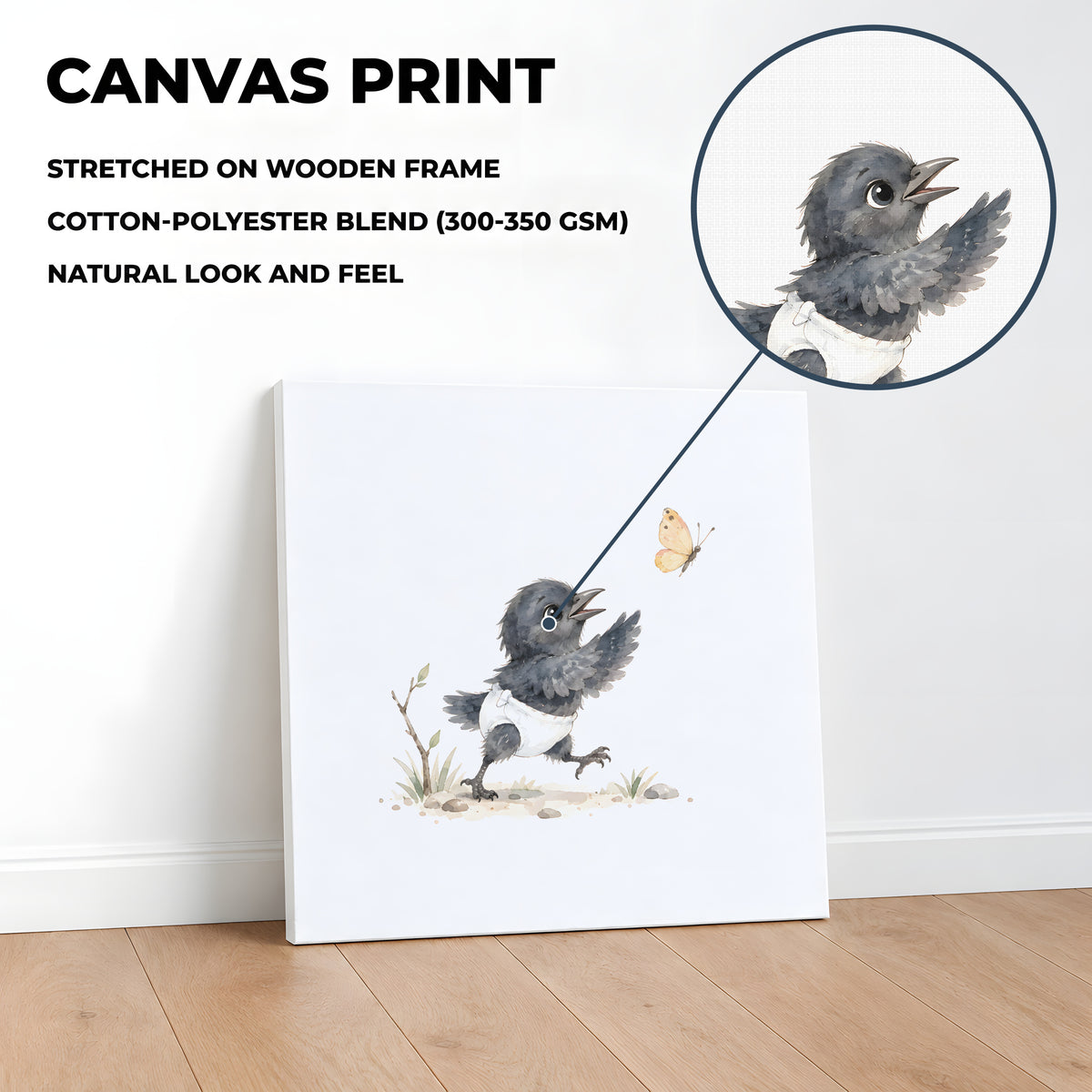 Un bébé corbeau en couche blanche veut attraper un papillon : toile sur châssis, 40 × 40 cm, en situation