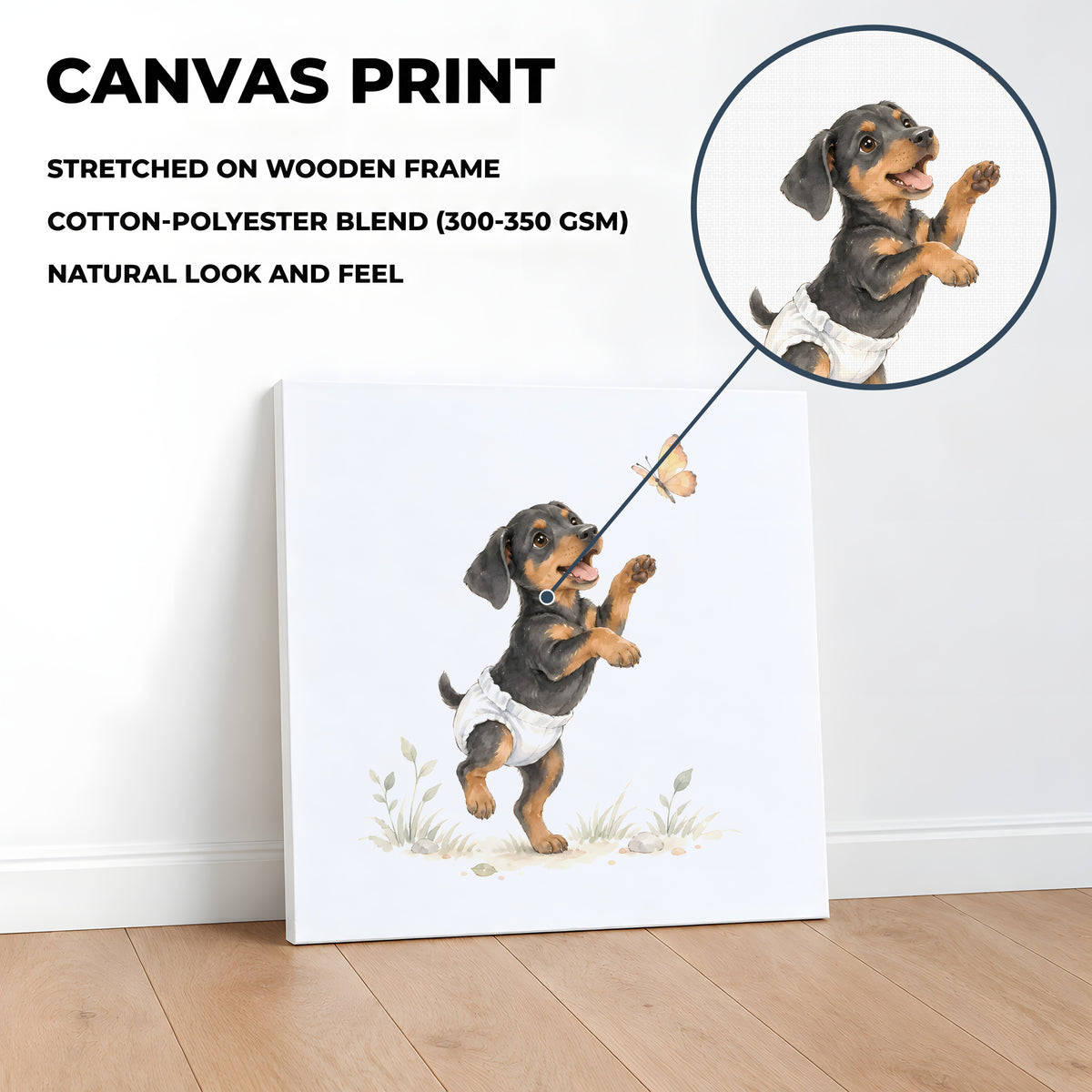 Petit dobermann en couche blanche tente de saisir un papillon : toile sur châssis, 40 × 40 cm, en situation