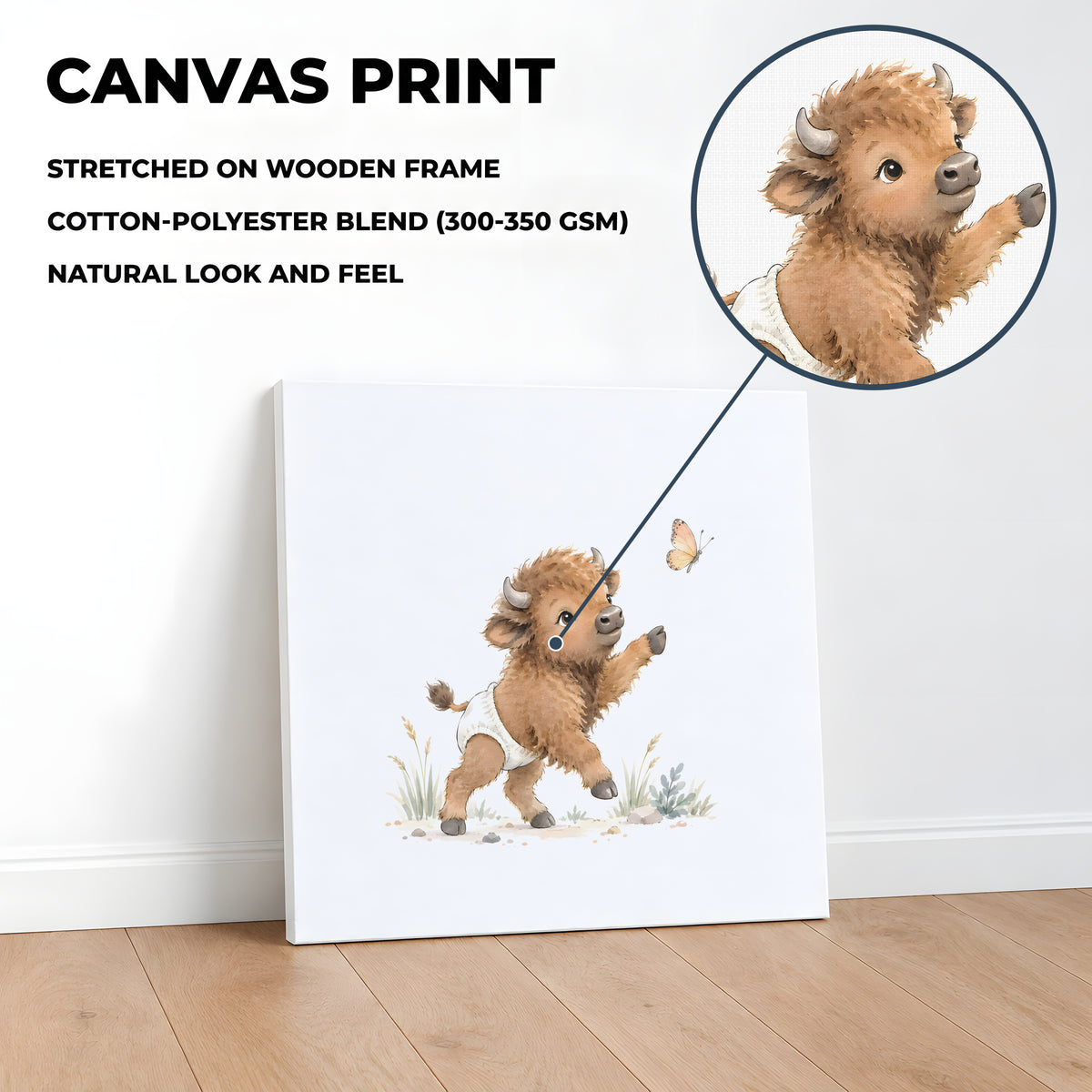 Bébé bison en couche blanche essaie d’attraper un papillon : toile sur châssis, 40 × 40 cm, en situation