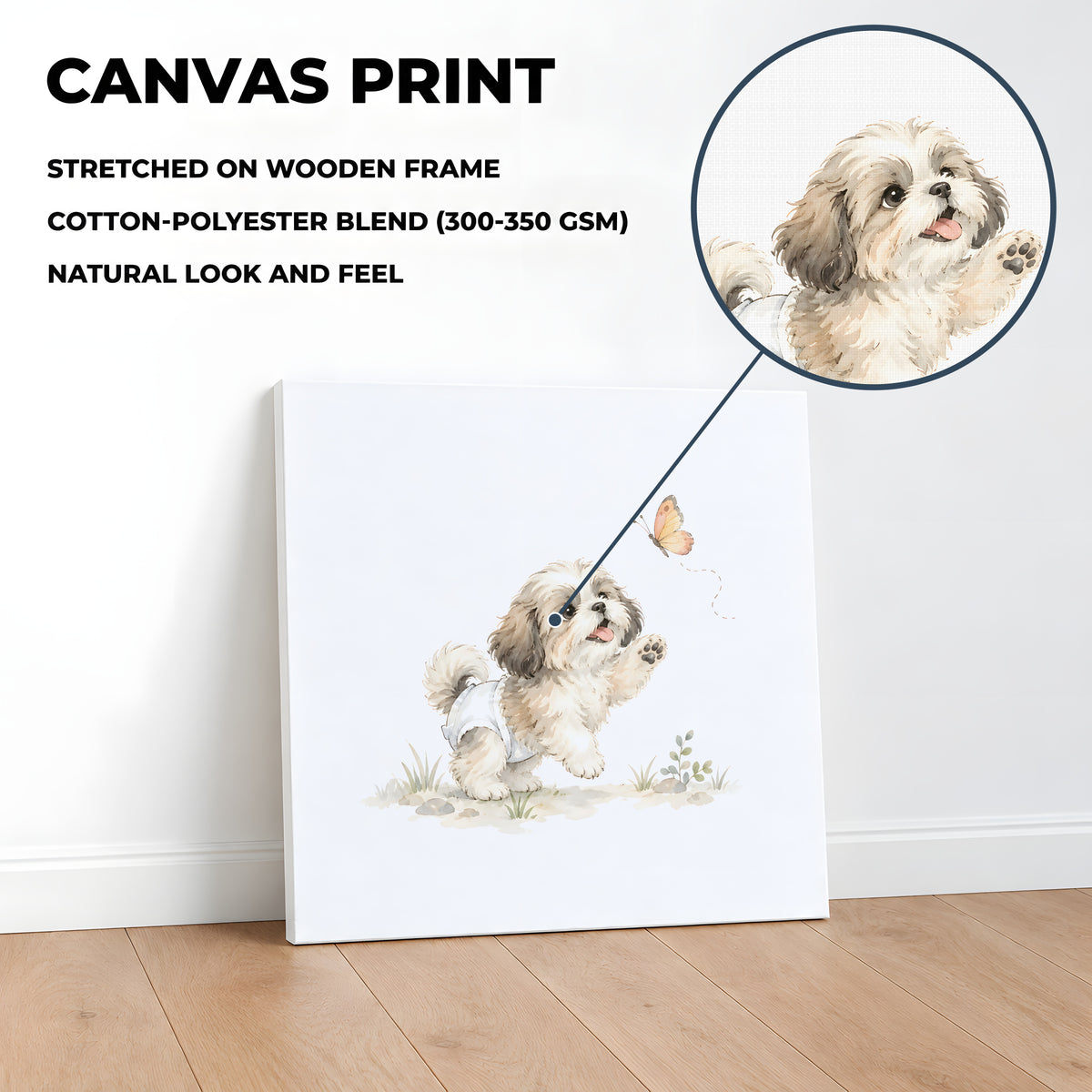 Bébé shih tzu en couche blanche poursuit un papillon au jardin : toile sur châssis, 40 × 40 cm, en situation