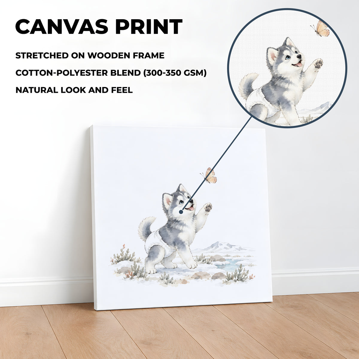 Petit husky de Sibérie en couche blanche à la poursuite d’un papillon : toile sur châssis, 40 × 40 cm, en situation