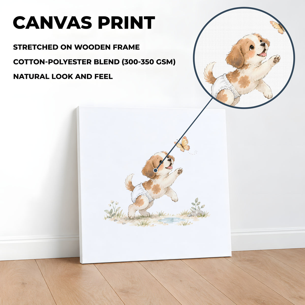 Chiot en couche blanche à la chasse au papillon : toile sur châssis, 40 × 40 cm, en situation