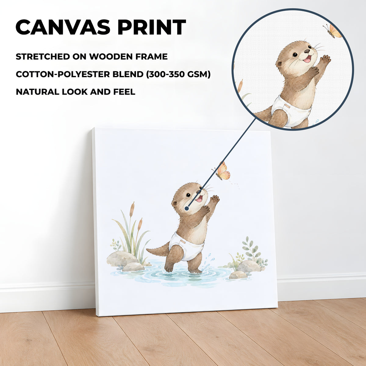 Bébé loutre tente d’attraper un papillon au bord de l’eau : toile sur châssis, 40 × 40 cm, en situation