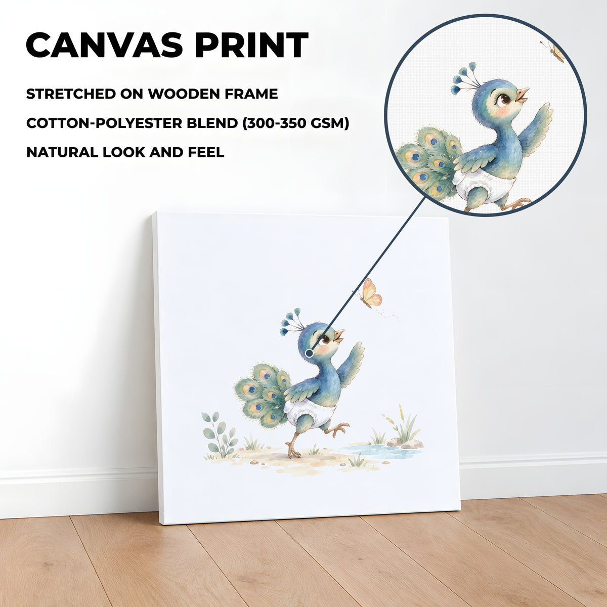 Bébé paon en couche blanche à la poursuite d’un papillon : toile sur châssis, 40 × 40 cm, en situation
