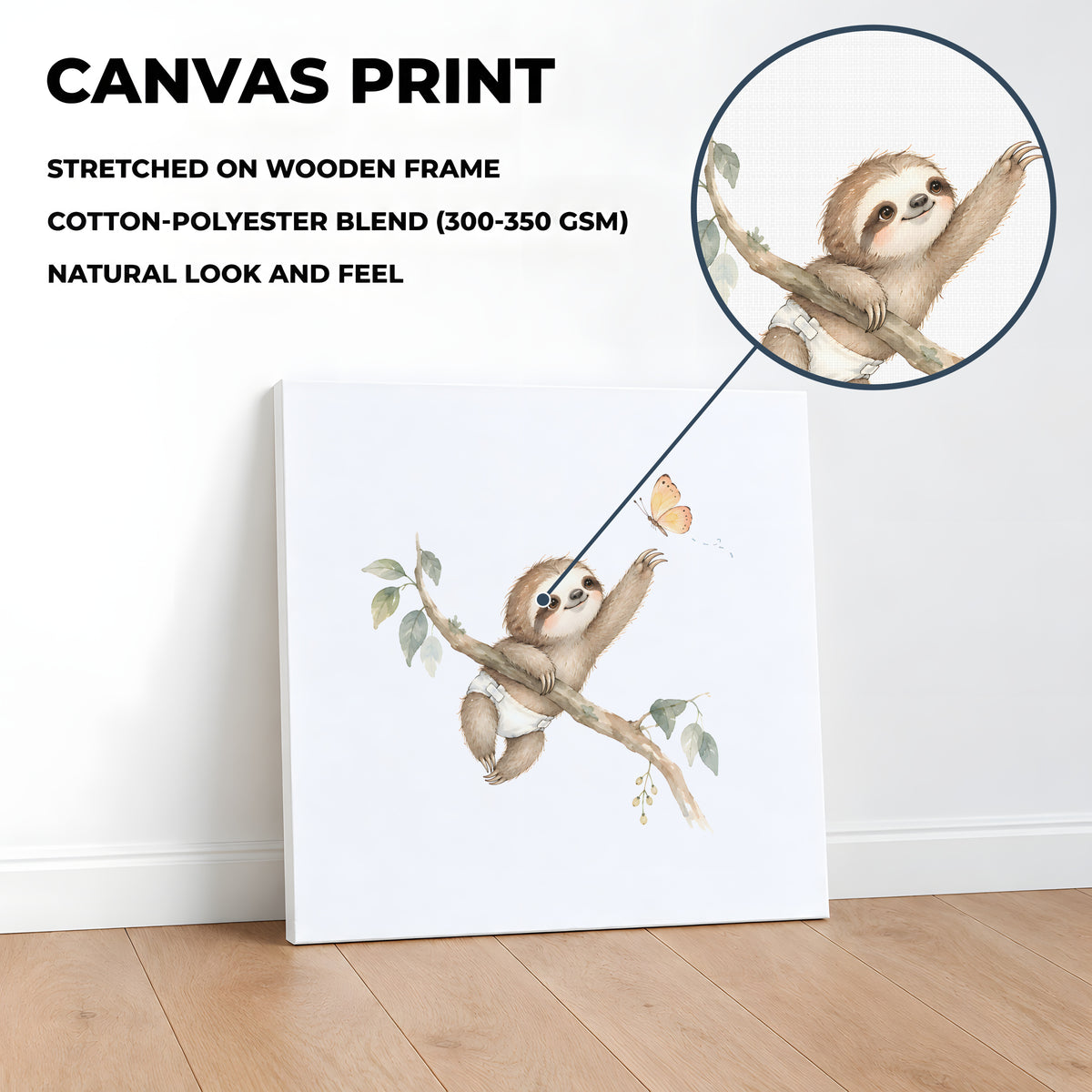 Bébé paresseux en couche blanche tend la patte vers un papillon : toile sur châssis, 40 × 40 cm, en situation