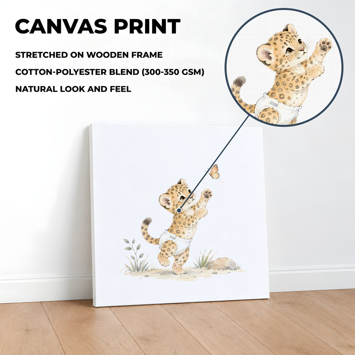 Bébé léopard en couche blanche poursuit un papillon : toile sur châssis, 40 × 40 cm, en situation
