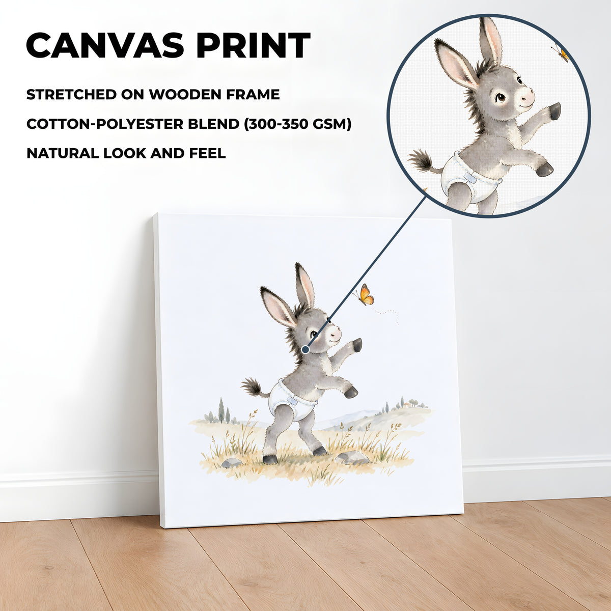 Ânon en couche blanche essayant d’attraper un papillon : toile sur châssis, 40 × 40 cm, en situation