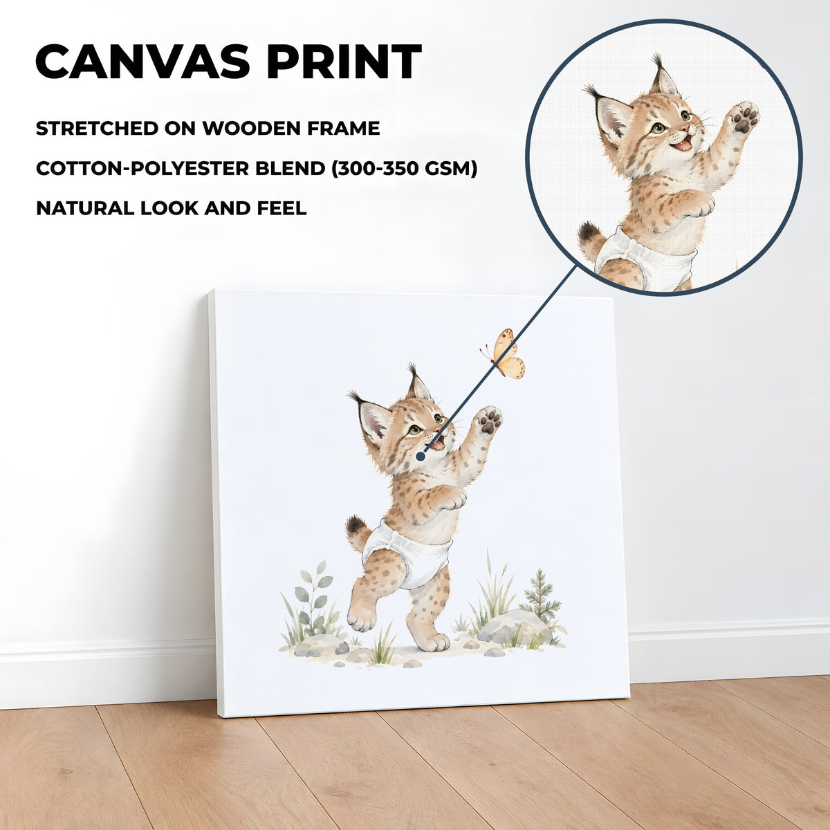 Petit lynx en couche blanche à la chasse au papillon : toile sur châssis, 40 × 40 cm, en situation