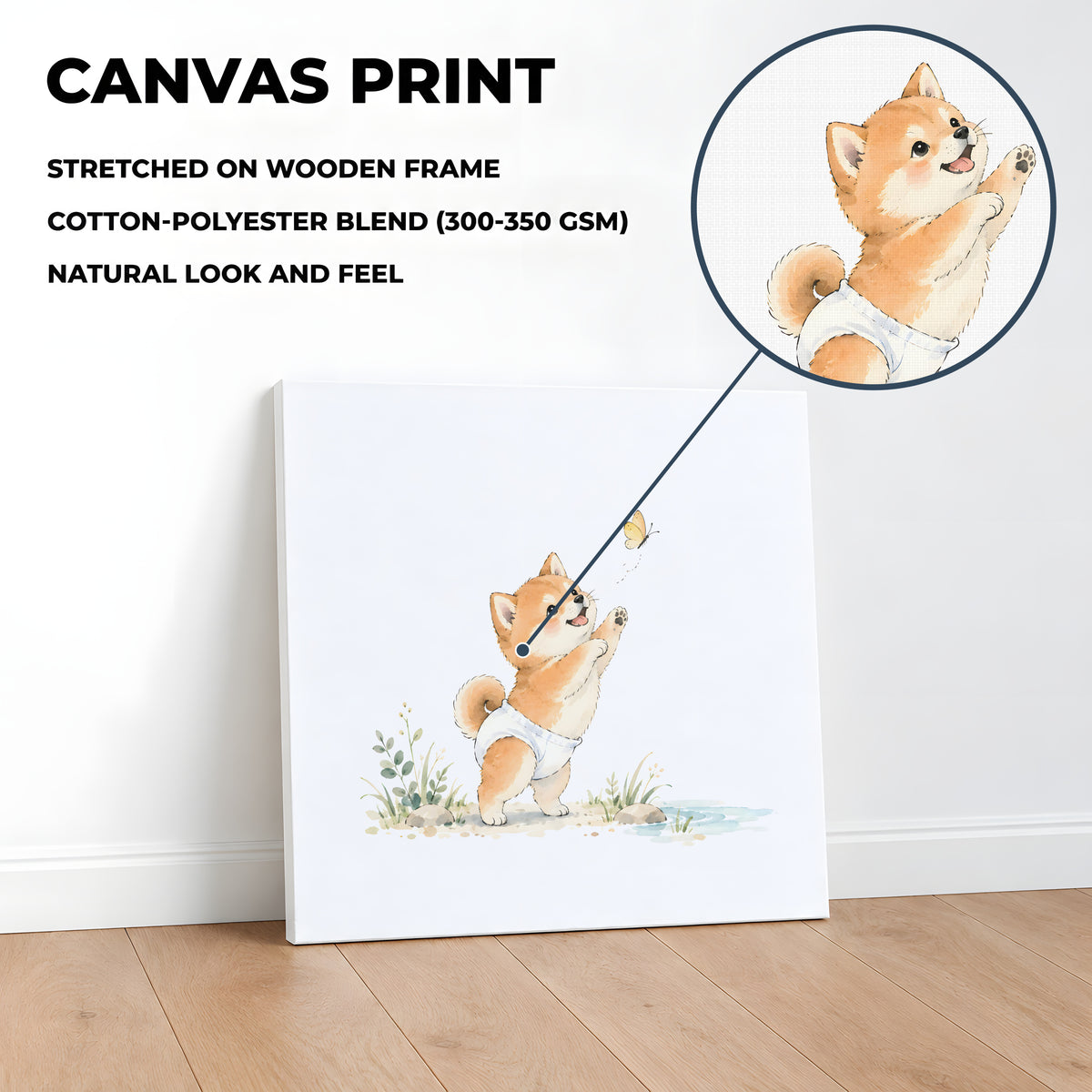 Bébé shiba inu en couche blanche à la poursuite d’un papillon : toile sur châssis, 40 × 40 cm, en situation