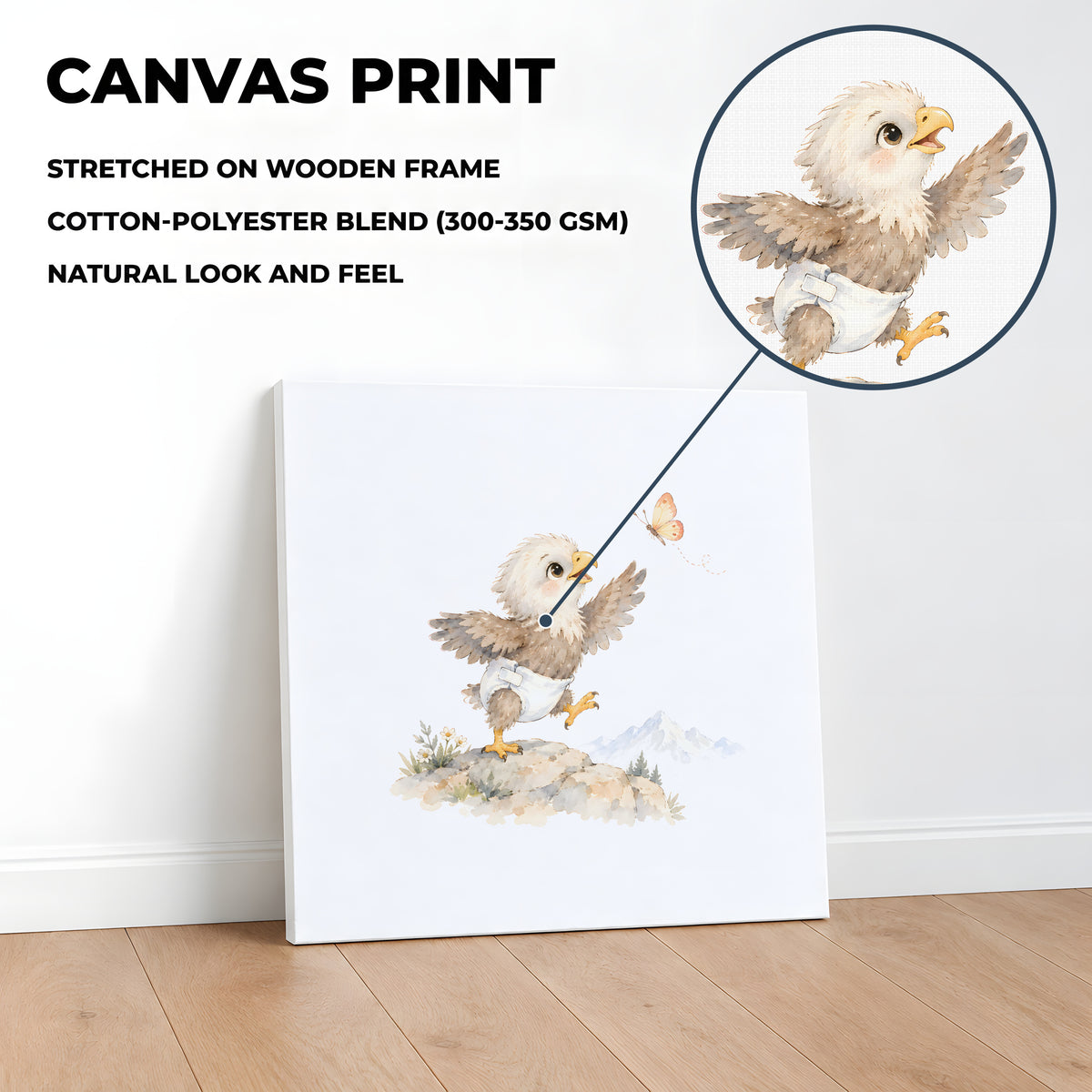 Aiglon en couche blanche déployant ses ailes pour attraper un papillon : toile sur châssis, 40 × 40 cm, en situation
