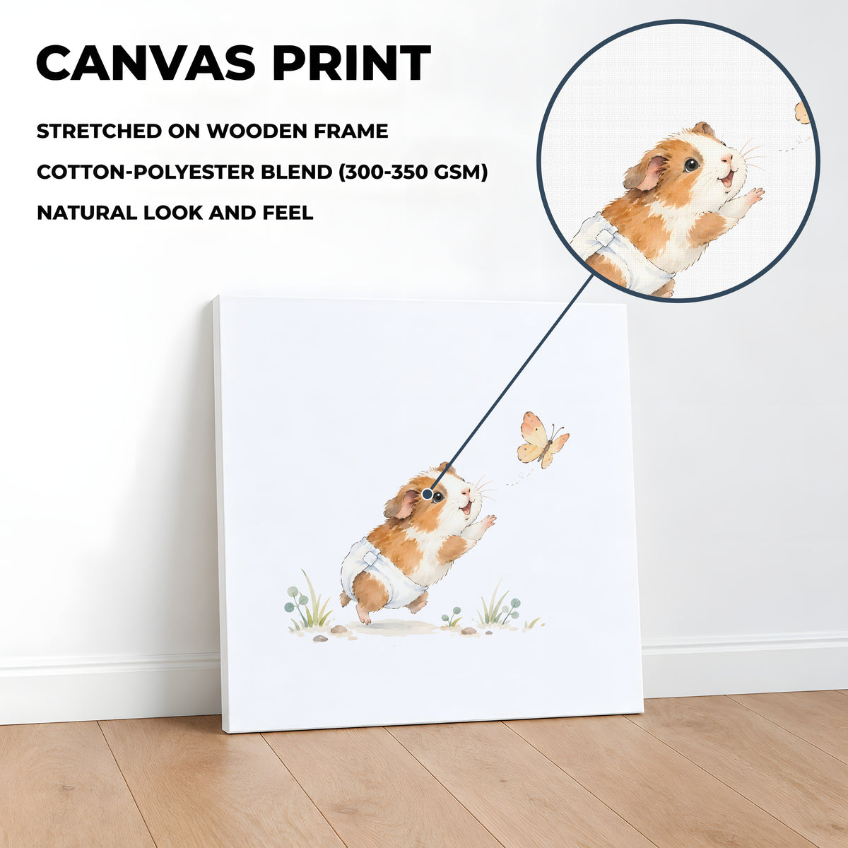 Baby Guinea Pig Reaches for a Butterfly in a White Diaper: stretched canvas, 40 × 40 cm, styled in a room