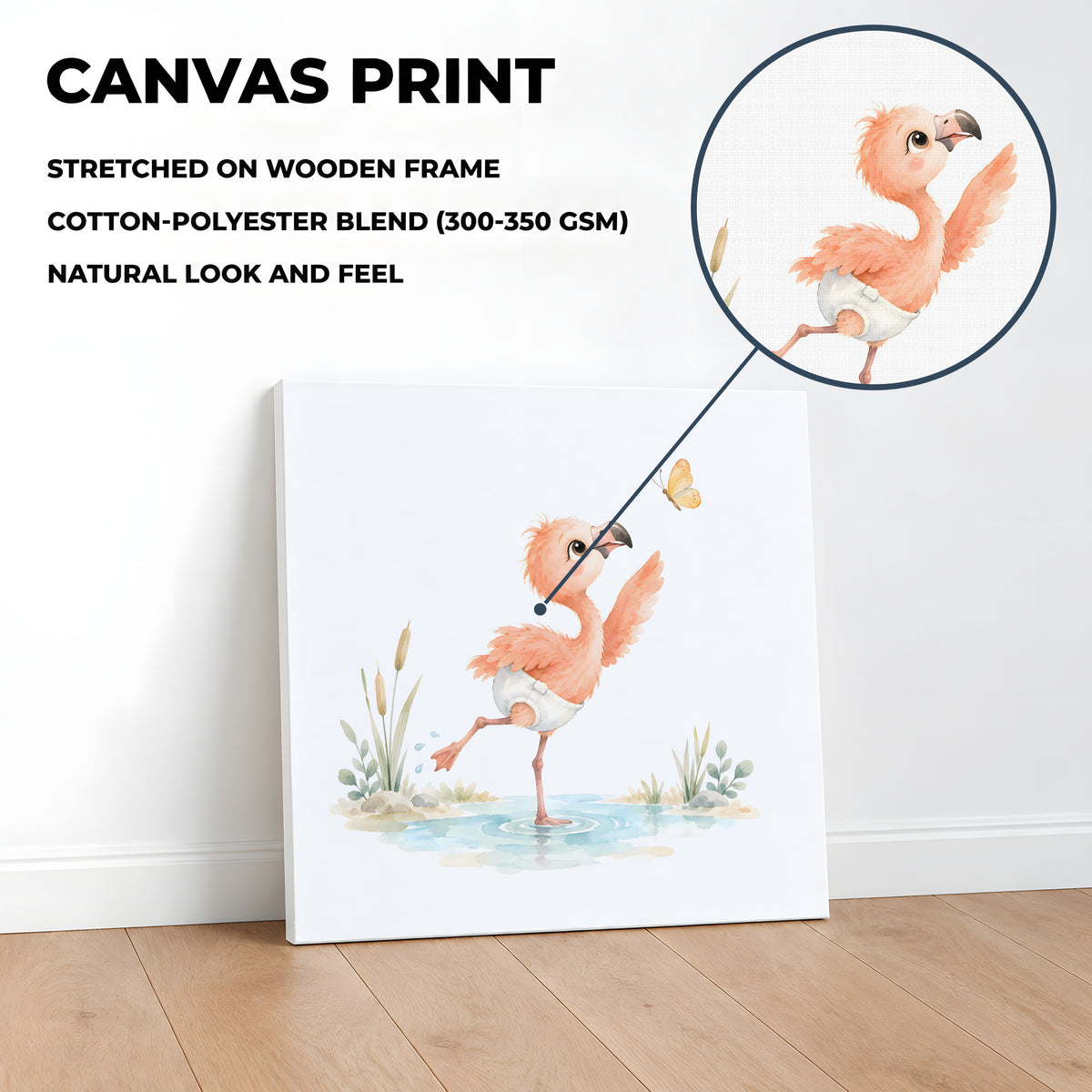 Bébé flamant rose en couche blanche poursuit un papillon près de l’eau : toile sur châssis, 40 × 40 cm, en situation