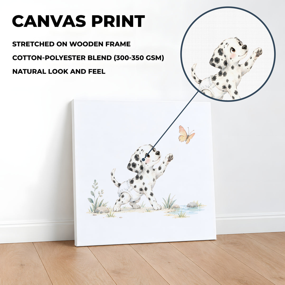 Bébé dalmatien en couche blanche tente d’attraper un papillon : toile sur châssis, 40 × 40 cm, en situation
