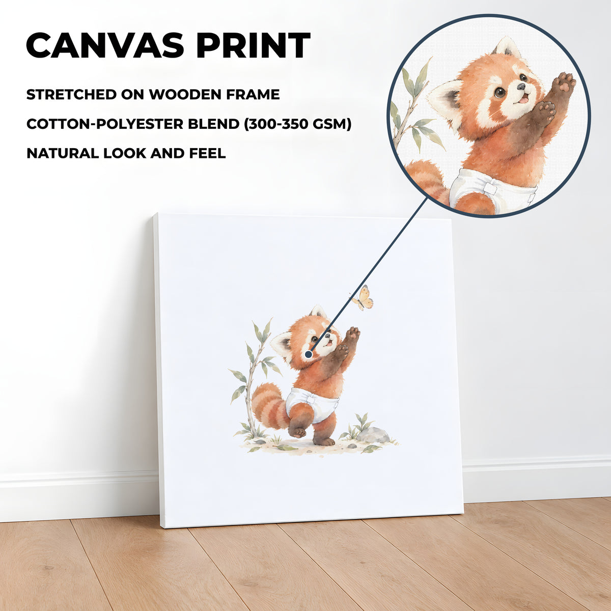 Bébé panda roux en couche blanche à la poursuite d’un papillon : toile sur châssis, 40 × 40 cm, en situation