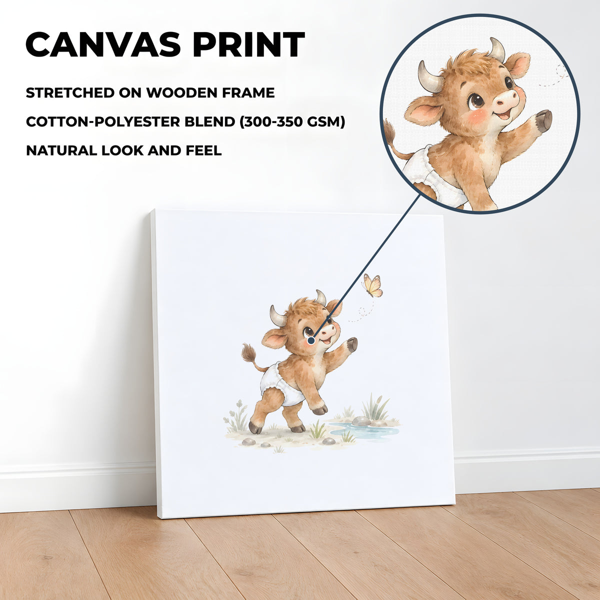 Bébé taureau en couche blanche poursuit un papillon dans la prairie : toile sur châssis, 40 × 40 cm, en situation