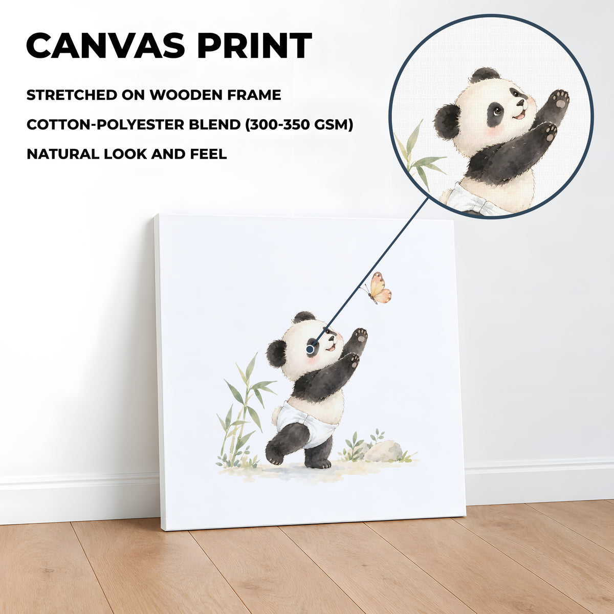 Bébé panda en couche blanche essaie d’attraper un papillon : toile sur châssis, 40 × 40 cm, en situation