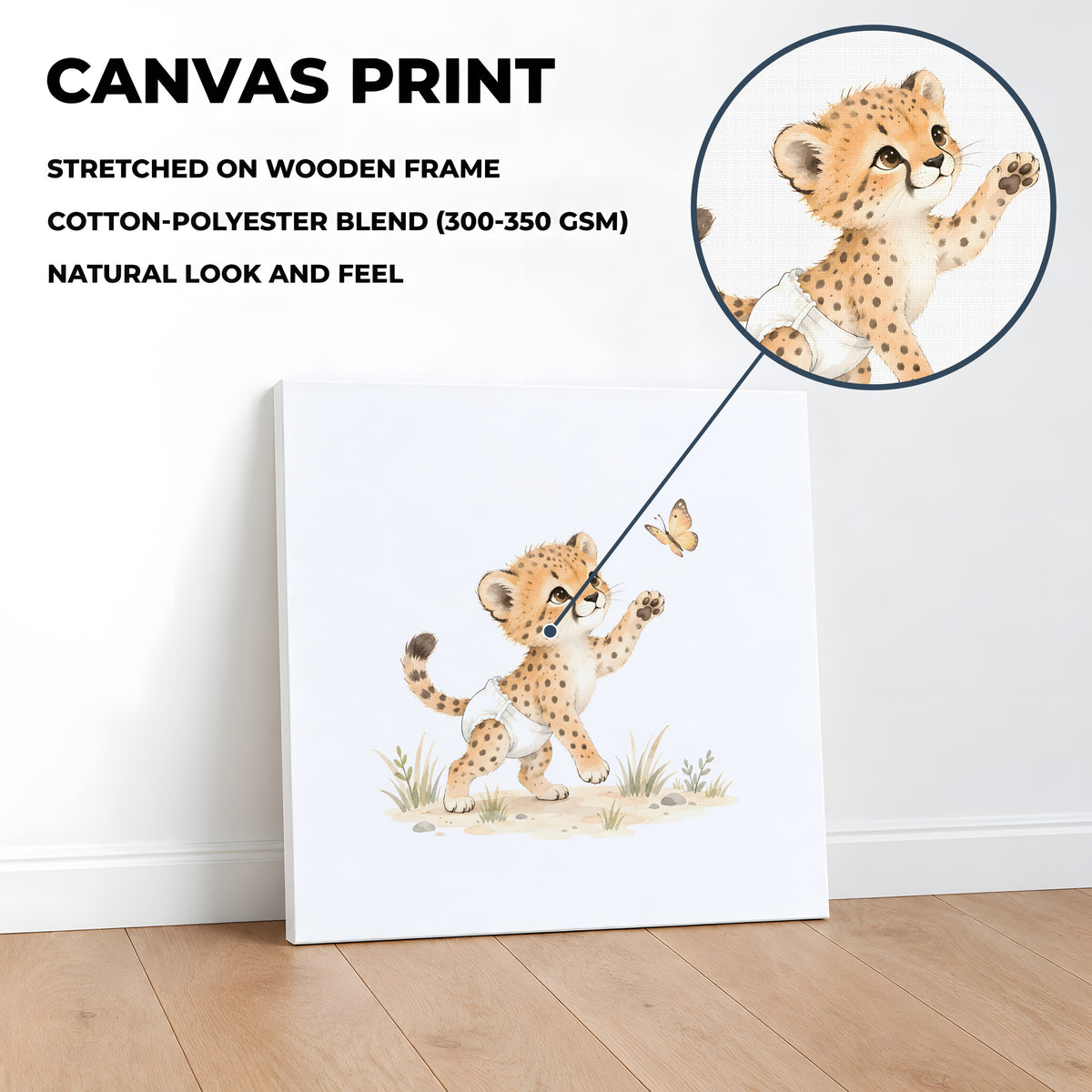 Bébé guépard en couche blanche essaie de saisir un papillon : toile sur châssis, 40 × 40 cm, en situation